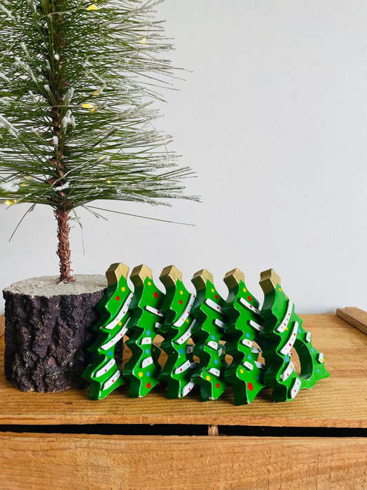 Brightly Painted Wooden Christmas Tree Napkin Rings - Set of 6