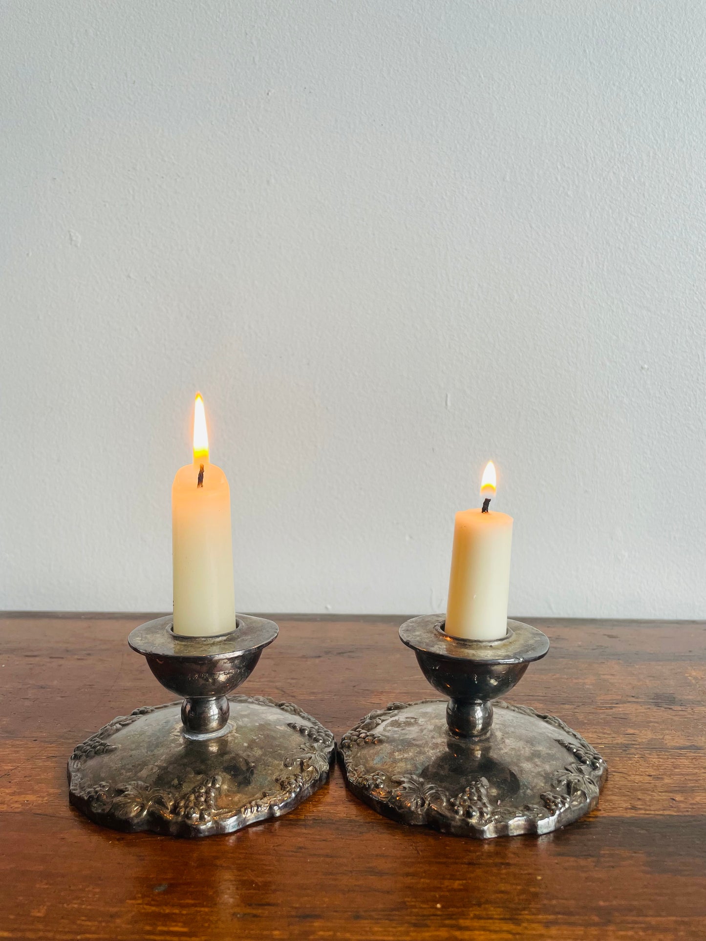 EP Lead Candlestick Holders with Grape Clusters & Vine Design - Set of 2