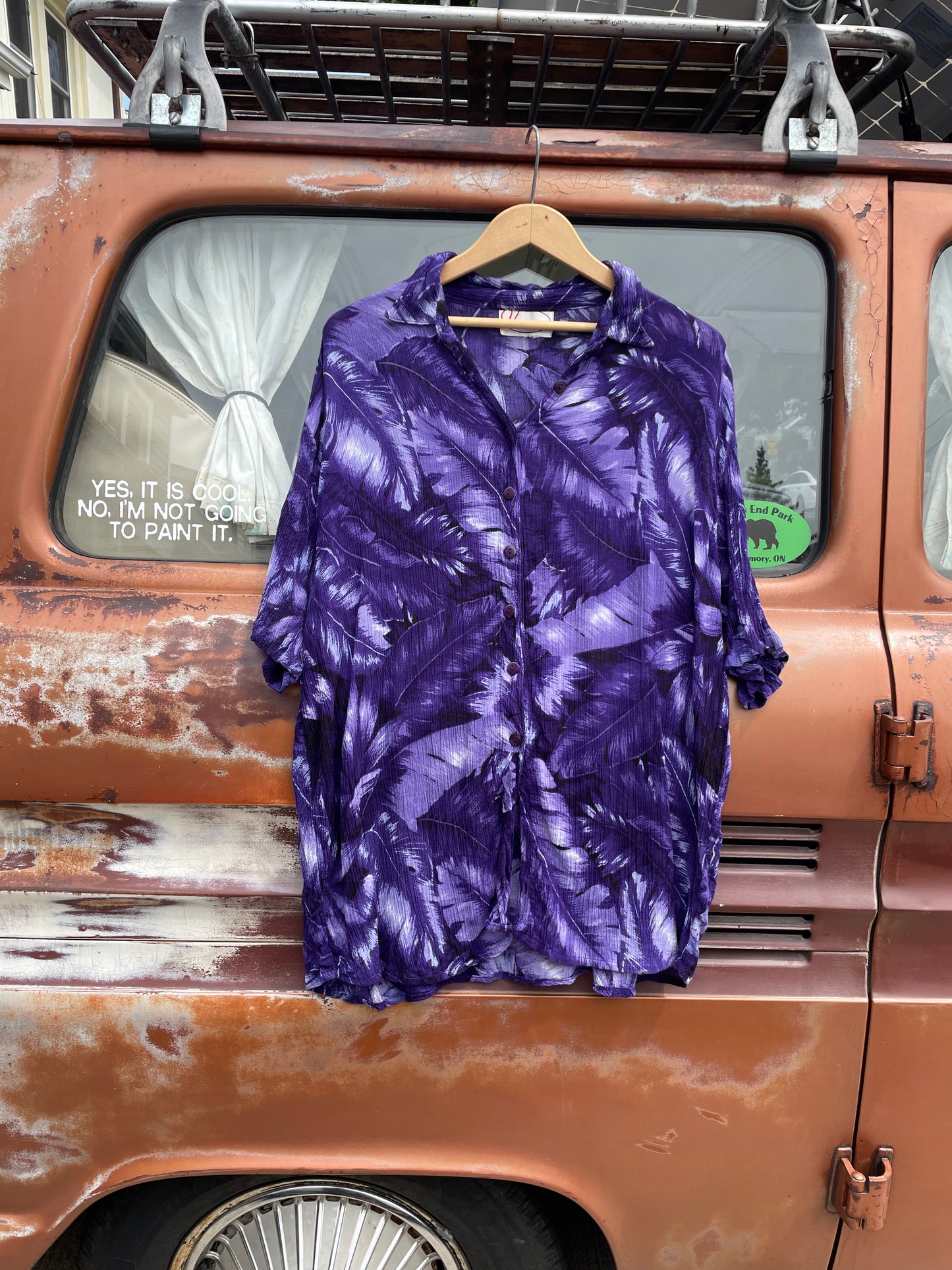 Vintage Variations Brand Purple Button Up T-Shirt with Tropical Print