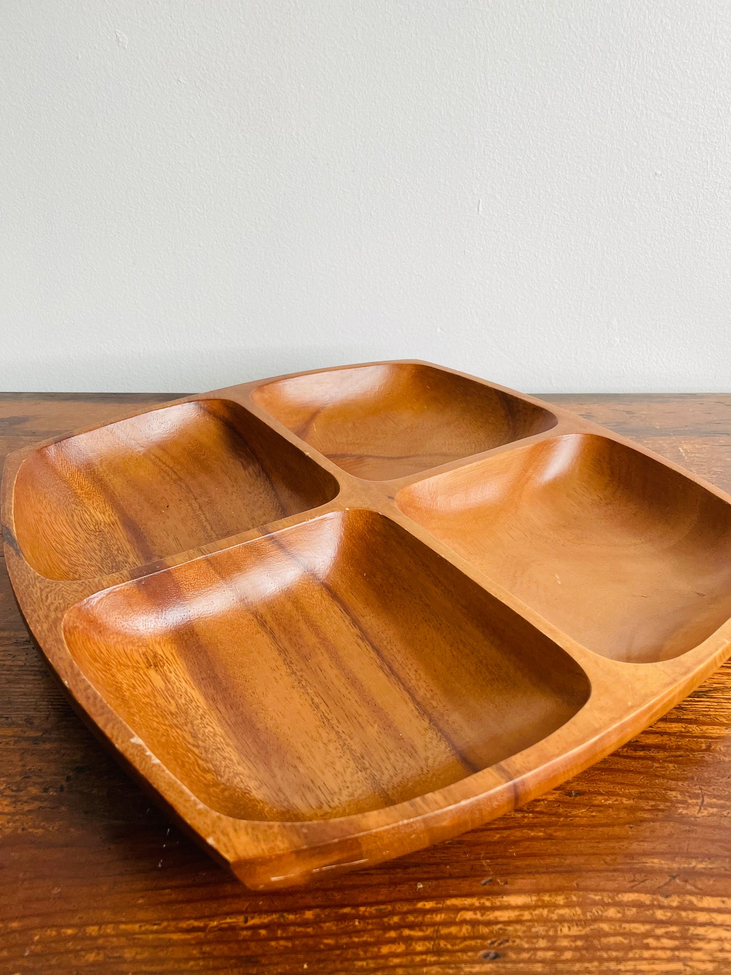 Mid Century Modern Teak Wood Sectioned Snack or Decor Tray with Four Compartments