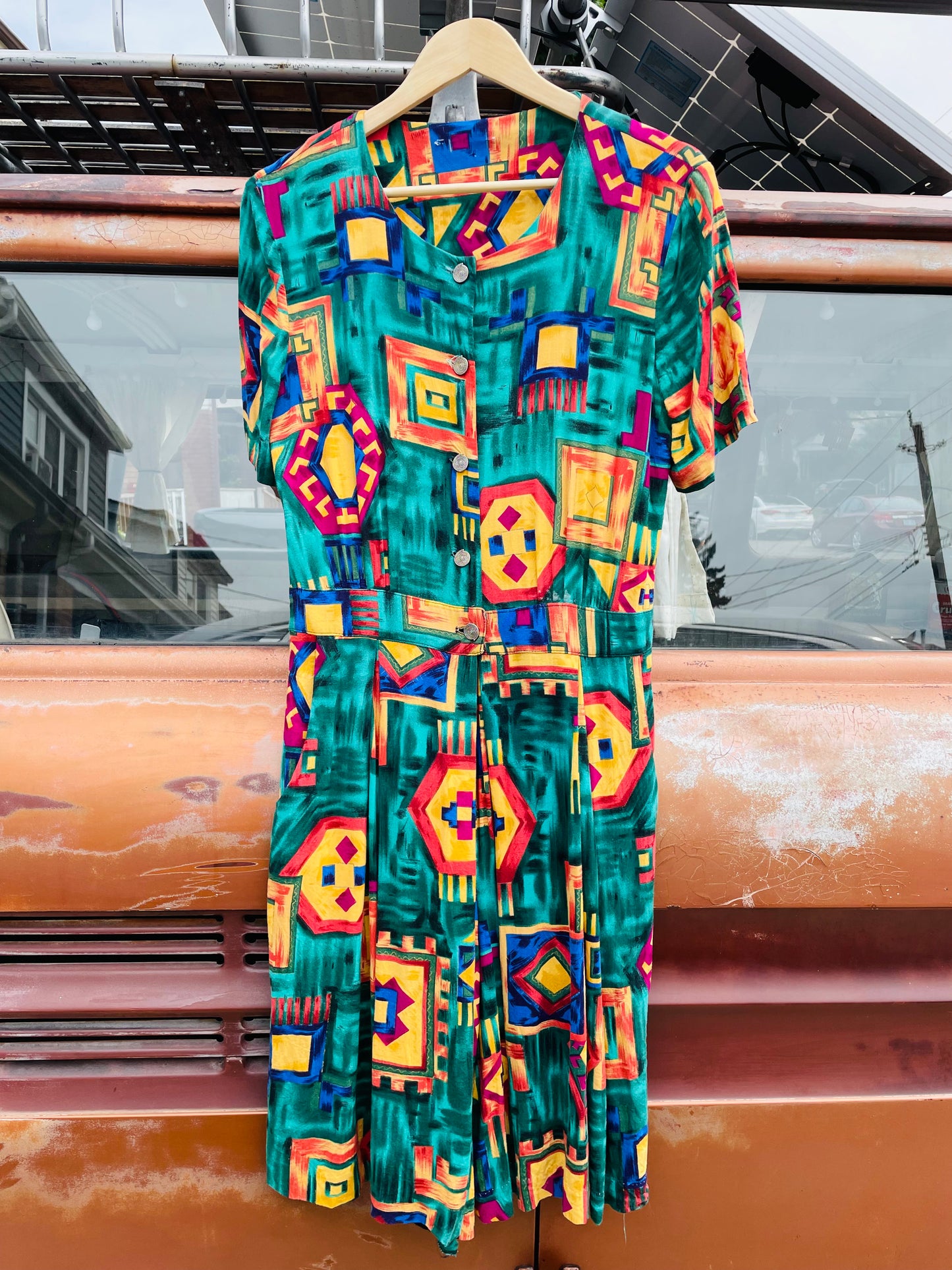 Vintage Funky & Bright Romper with Geometric Design & Pockets