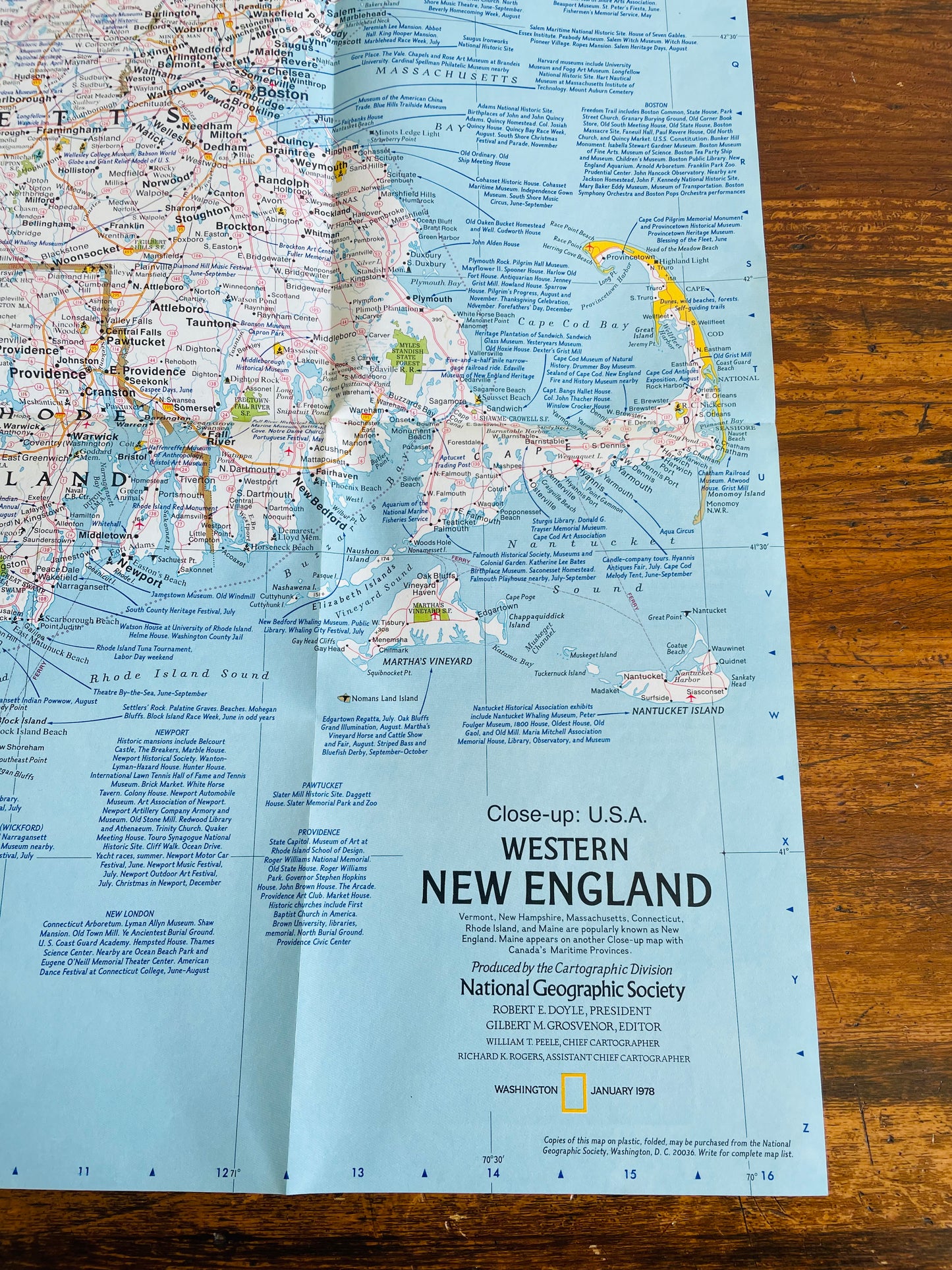 1978 National Geographic Close-Up USA Map - New Hampshire, Vermont, Massachusetts, Rhode Island, Connecticut