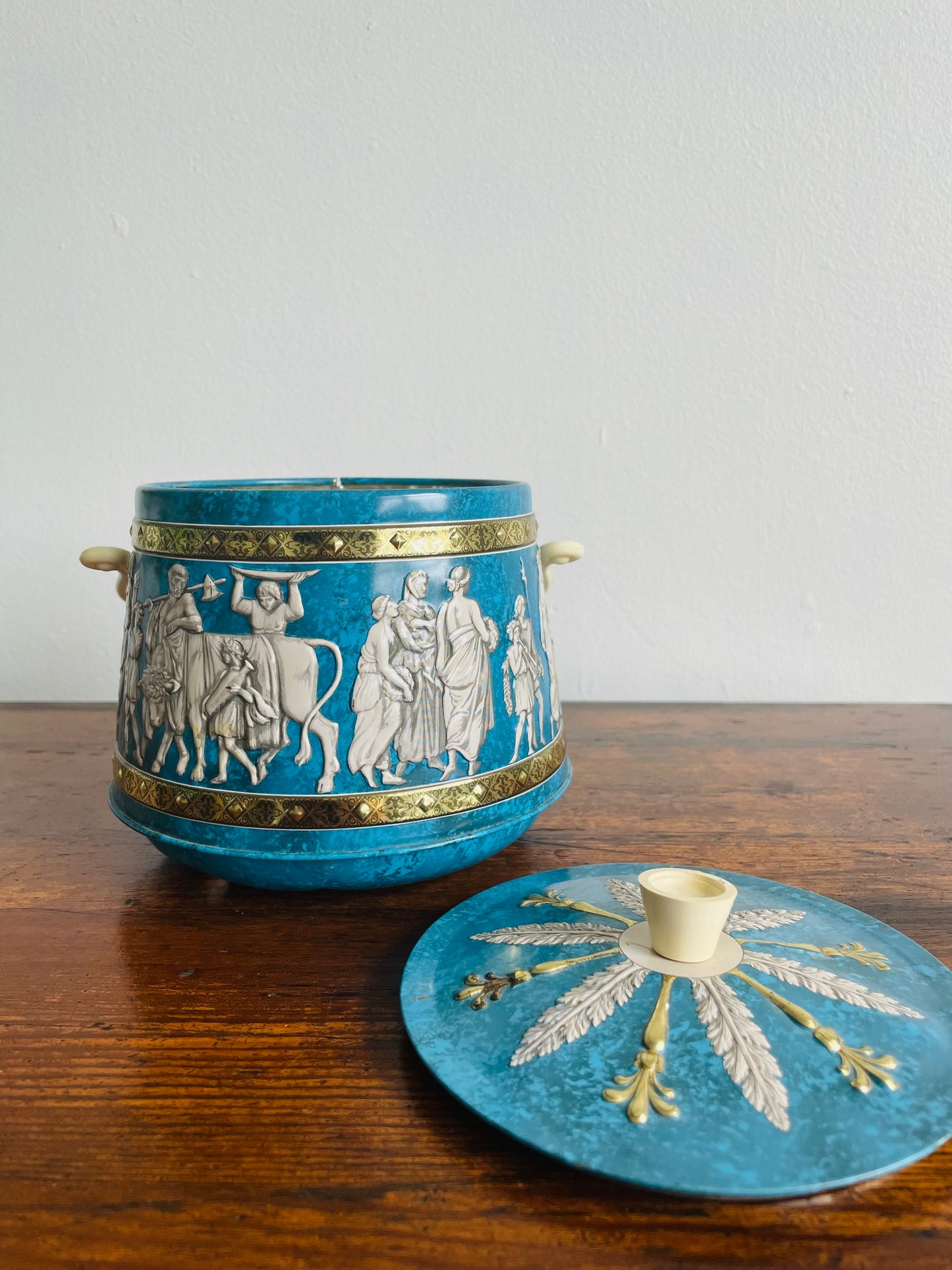Vintage Blue Tin with Lid & Handle in a Grecian Design - Great Storage for Tea!