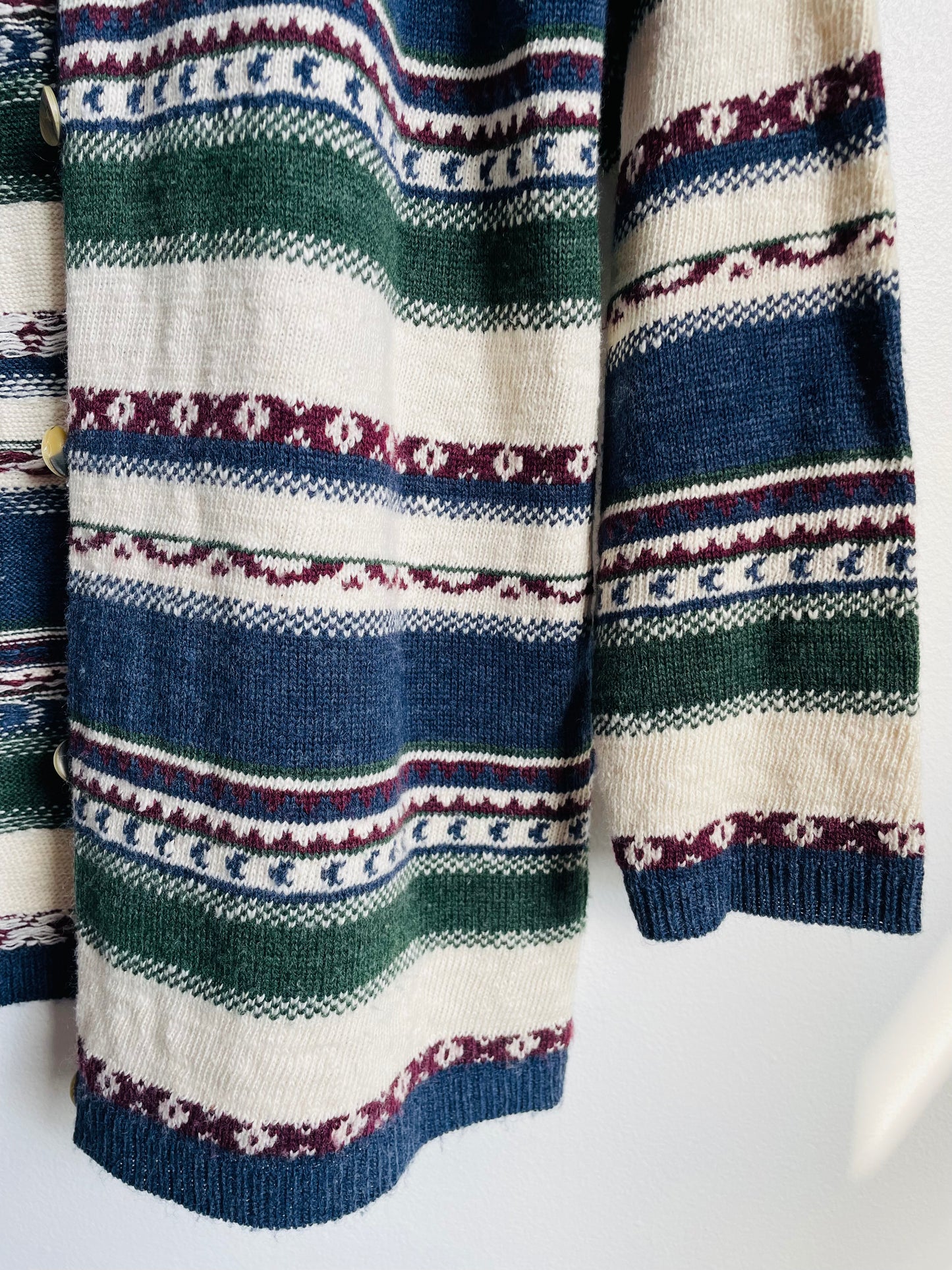Jessie Button Up Cardigan Sweater with Blue, Maroon, Green, & Cream Pattern
