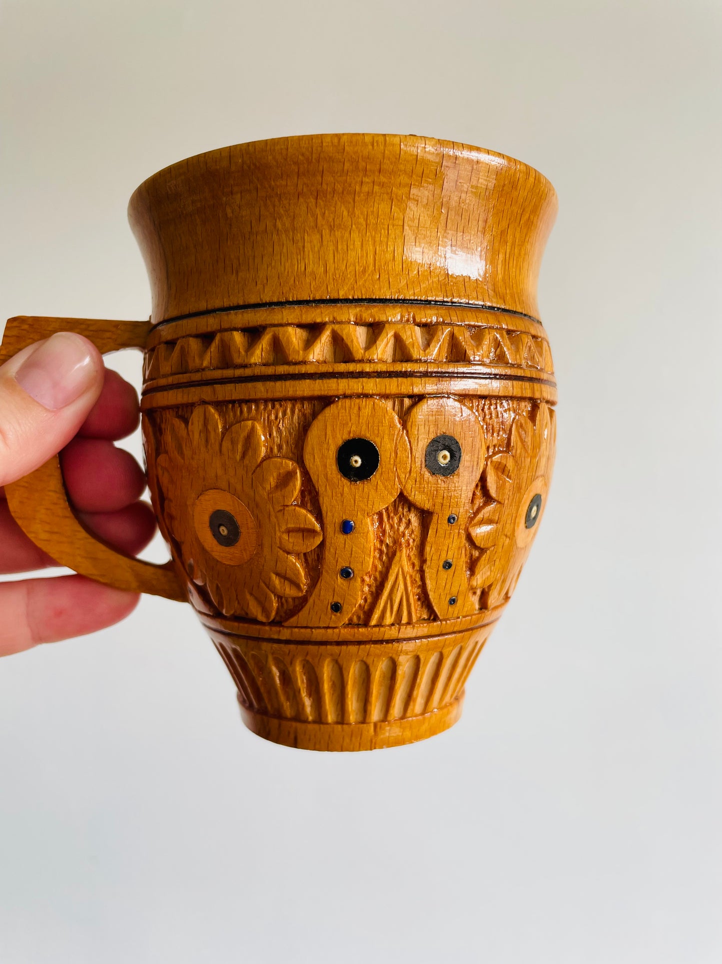 Rustic Traditional Ukrainian Folk Carved Wooden Mug Cup with Hand Painted Floral Design