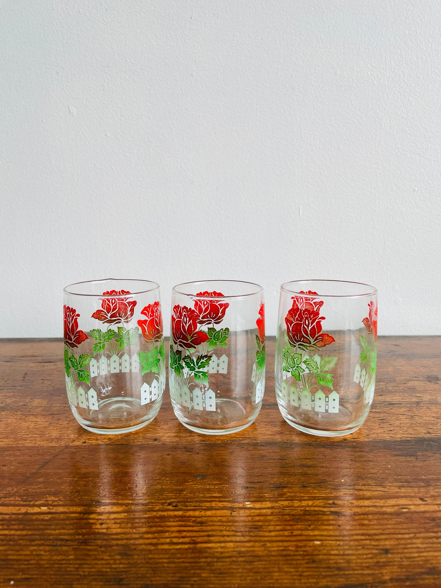 Juice Glasses with Rose Garden & White Picket Fence Design - Set of 3