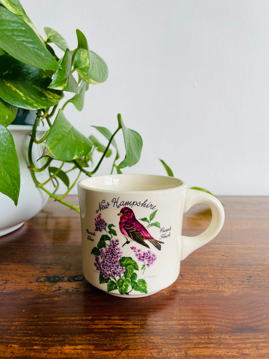 New Hampshire Mug with State Purple Lilac Flower & Purple Finch Bird - Made in USA