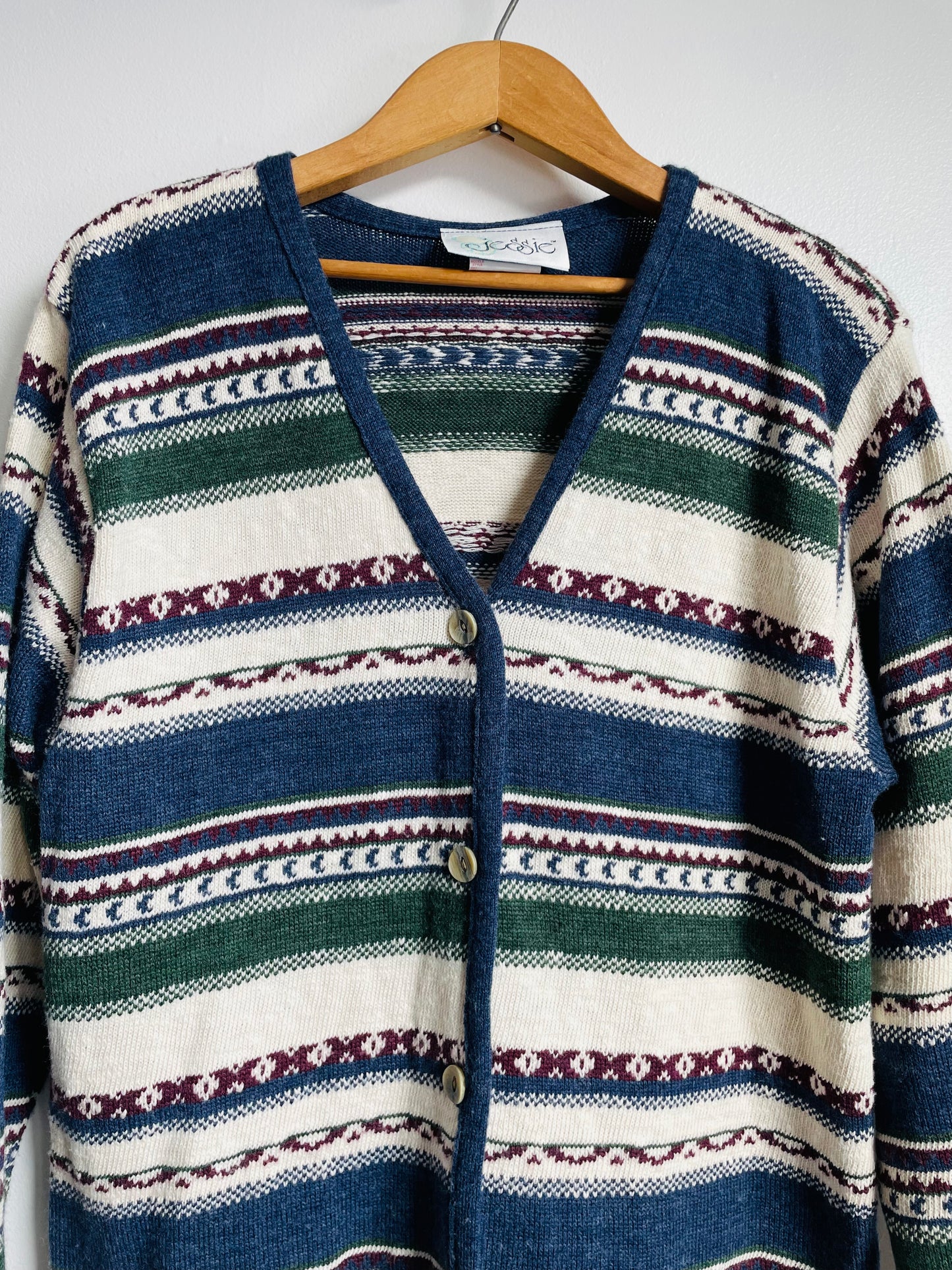 Jessie Button Up Cardigan Sweater with Blue, Maroon, Green, & Cream Pattern