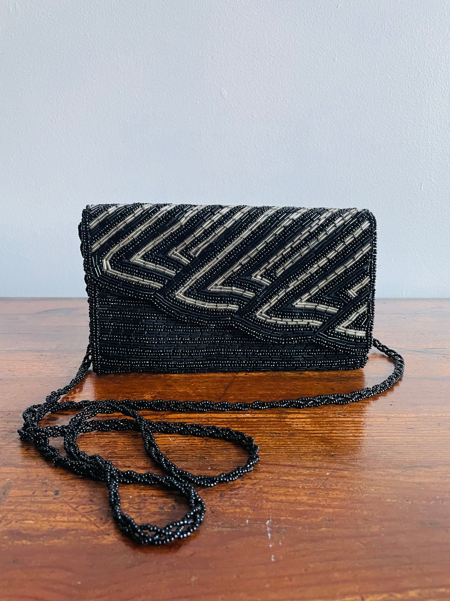Gorgeous Black & Silver Beaded Clutch Purse with Braided Bead Shoulder Strap