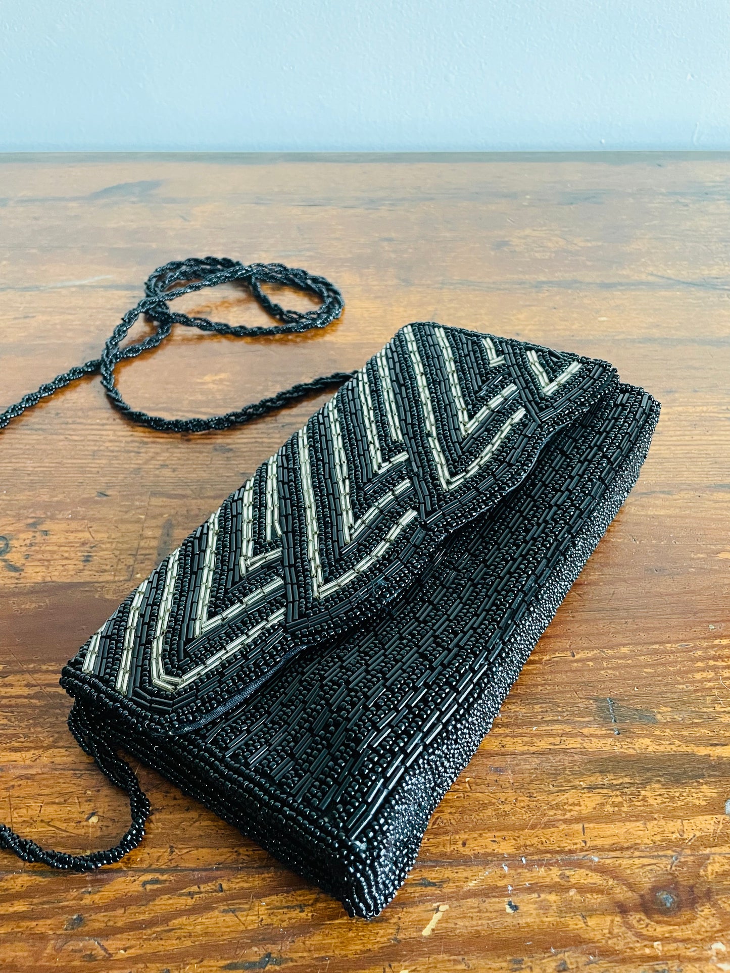 Gorgeous Black & Silver Beaded Clutch Purse with Braided Bead Shoulder Strap