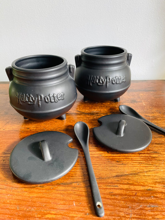 Harry Potter Soup Bowls - Black Cauldrons with Lids & Spoons