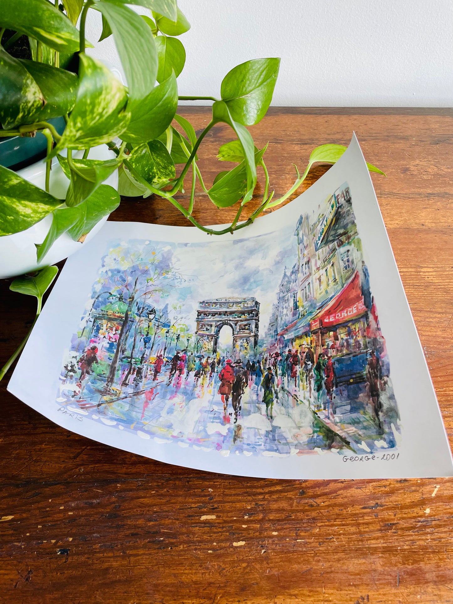 Paris Watercolour Print Poster - Signed - Arc de Triomphe Street Scene (12.5" by 9.5")