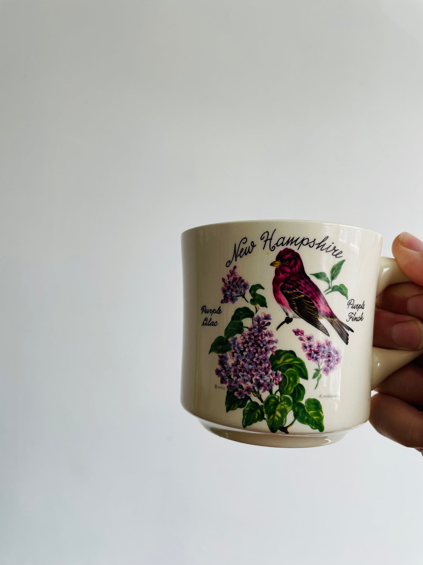 New Hampshire Mug with State Purple Lilac Flower & Purple Finch Bird - Made in USA