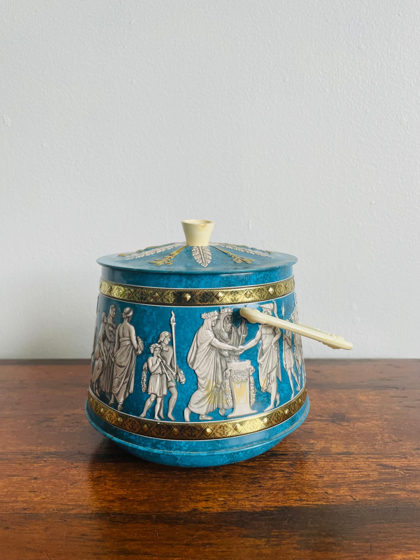 Vintage Blue Tin with Lid & Handle in a Grecian Design - Great Storage for Tea!