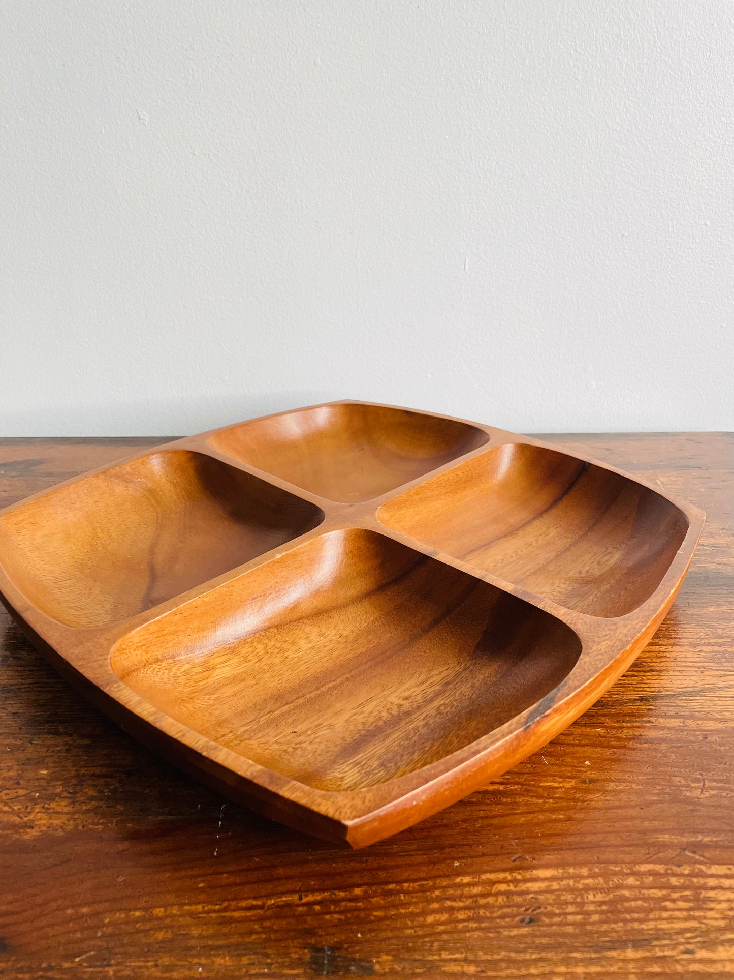 Mid Century Modern Teak Wood Sectioned Snack or Decor Tray with Four Compartments